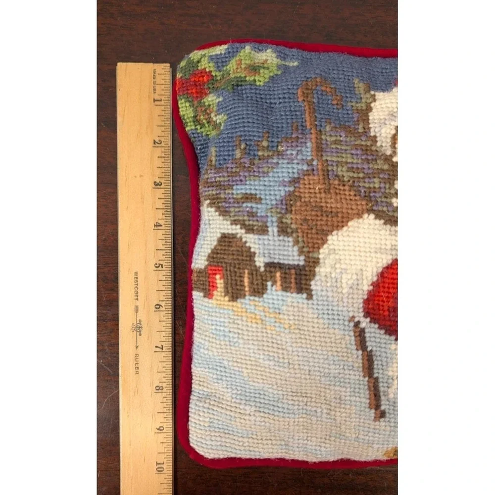 Vintage Wool Needlepoint Santa Christmas Pillow 10x10‎ Velvet Back Holiday Decor